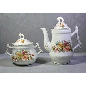 Vintage 2PC Rose Floral Tea Set - Lidded Teapot & Covered Sugar Bowl Gold Accent